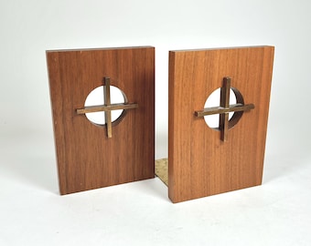 Minimalist German Wood and Brass Cross Bookends