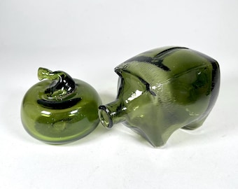 Vintage Art Glass Piggy Bank and Pumpkin - Avocado Green - Fall Decor #A9