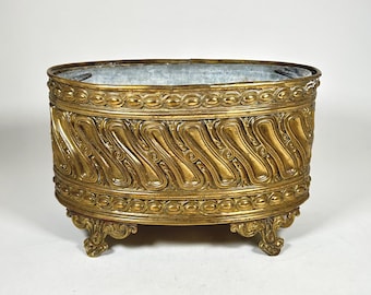 Repousse/Stamped Brass Oval Jardiniere Planter