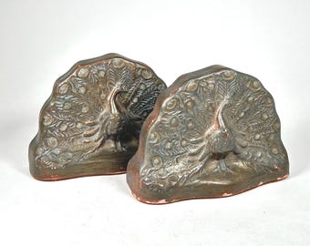 Art Nouveau Style Painted Plaster Peacock Bookends
