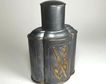 Vintage Gump's Chinese Pewter Tea Caddy with Bamboo and Bird Decor #A14