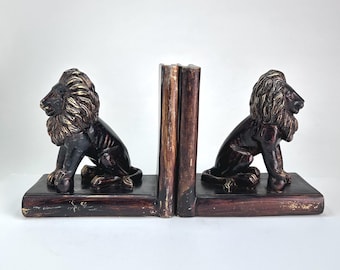 Lion Bookends Vintage Black and Gold Decor