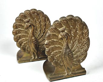 Vintage Small Art Brass Company Peacock Bookends