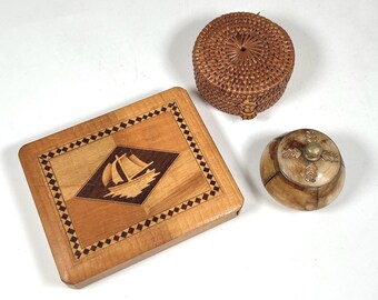 Miniature Wood Box, Woven Basket, and Trinket Box Set of 3