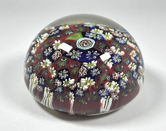 Murano Millefiori Paperweight: White Daisy, Cobalt & Apple Green Dome #A6