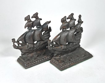 Vintage Cast Iron Sailing Pirate Ship Galleon Bookends