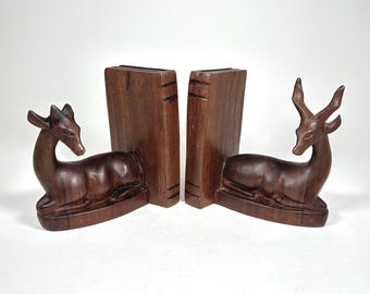 Carved Wood Deer and Books Bookends