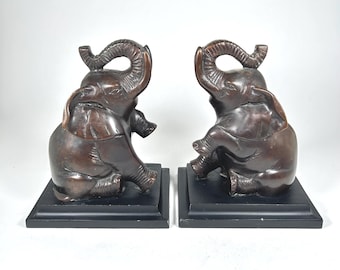 Sitting Elephant Bookends: Metal & Resin Base