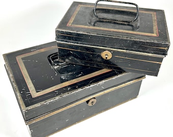Juego de 2 cajas fuertes de metal de hojalata pintadas de negro antiguo: cajas de dinero para decoración, almacenamiento rústico de escritorio.