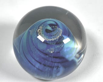 Vintage Seegers Fein Art Glass Galaxy Nebula Blue Swirl Paperweight A6
