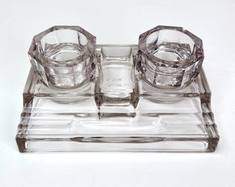 Vintage Clear Glass Seng Busch Double Inkwell with Original Cups #A2