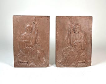 Chinese Carved Stone Brown Tan Bookends - Two Women Playing Instruments