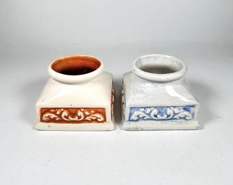 Juego de tintero de cerámica vintage con diseño floral de 1972, estilo campestre.