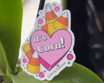 It's Corn! Sticker, Candy Corn Heart, Metallic Spot Finish, Punny Halloween Decal