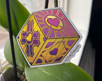 Hellraiser Lamentation Configuration Sticker, Metallic Gold Ombre Heart Puzzle Box (3" x 2.7")