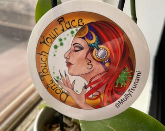 Art nouveau woman sticker, don’t touch your face, hygiene reminder covid