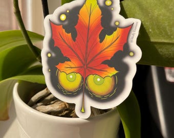 Maple Leaf Sticker with spooky eyes, darkness, creepy, metallic finish