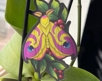 Rosy Maple Moth sticker with red berries, leaves, and satin finish with spot metallic