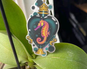 Diaphonized seahorse sticker, satin finish with metallic accent taxidermy fancy