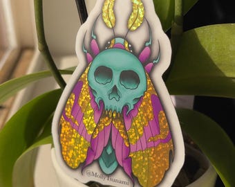 Hand Drawn Skull Moth Sticker, Glitter Creepy Art