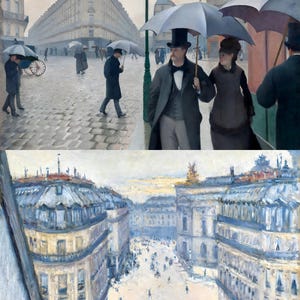 May include: Impressionist painting depicting a rainy Parisian street scene. Figures with umbrellas stroll along a cobblestone street. Buildings line the background, and the overall color palette is muted with shades of gray, blue, and brown.