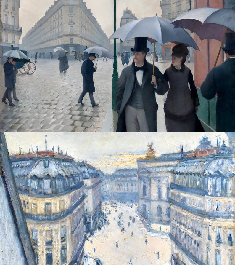 May include: Impressionist painting depicting a rainy Parisian street scene. Figures with umbrellas stroll along a cobblestone street. Buildings line the background, and the overall color palette is muted with shades of gray, blue, and brown.