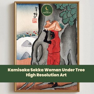 May include: Framed art print featuring a woman in a red garment carrying a vessel on her head under a tree. The artwork is in a traditional Japanese style, with a muted color palette and detailed linework. The text "Kamisaka Sekka Woman Under Tree High Resolution Art" is displayed.