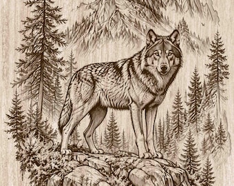 ウルフマウンテン木版画PNG、森のオオカミの壁飾り、素朴なキャビン装飾、野生動物レーザー彫刻＆CNCファイル（デジタルダウンロード）
