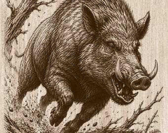Vintage Wild Boar Wood Engraving PNG, Charging Boar Wildlife Wall Art, Forest Laser Engraving File, Rustic Cabin Decor (Digital Download)
