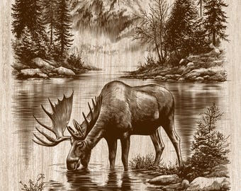 Moose Drinking Wood Engraving PNG, Moose Lake Wall Art, Mountain Wildlife Cabin Decor, Hunting Lodge Laser Engraving & CNC File