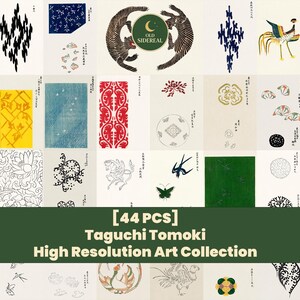 Puede incluir: Una colección de 44 obras de arte de alta resolución de Taguchi Tomoki. La obra de arte presenta una variedad de diseños de inspiración japonesa, incluyendo tigres, pájaros, patrones florales y formas geométricas. La paleta de colores incluye negro, blanco, rojo, amarillo y azul.
