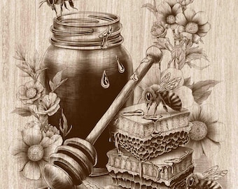 Honey Bee Wood Engraving PNG, Honey Jar Wall Art, Beekeeping Decor, Honeycomb Laser Engraving & CNC File (Digital Download)