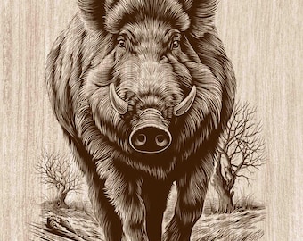 Boar Hunting Wood Engraving PNG, Wild Boar Wall Art, Rustic Cabin Lodge Decor, Forest Animal Laser Engraving & CNC File (Digital Download)
