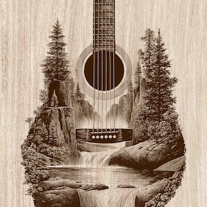 Incisione su legno di chitarra acustica e cascata PNG, arte naturalistica a doppia esposizione, regalo per musicisti, decorazione rustica per baita, file per incisione laser, xilografia