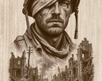WWII Wounded Soldier Wood Engraving PNG, Battle Scarred War Hero Portrait, Ruined City Battlefield Art, Veteran Decor (Digital Download)
