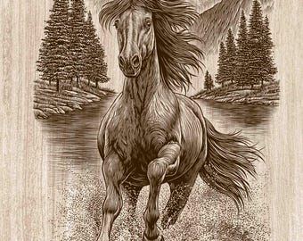 Vintage Horse Wood Engraving PNG, Running Horse Wall Art, Wild Mustang Mountain Decor, Equestrian Laser Engraving File (Digital Download)