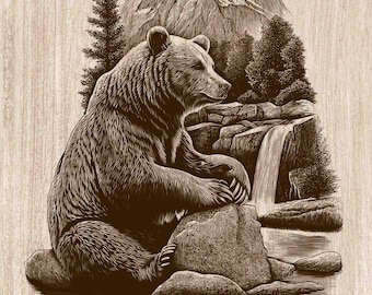 クマの滝山木彫りPNG、グリズリーベア壁アート、野生動物キャビン装飾、素朴なロッジレーザー彫刻＆CNCファイル