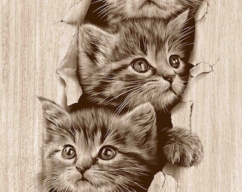 Three Kittens Wood Engraving PNG, Cute Cat Wall Art, Peekaboo Kitten Nursery Decor, Cat Lover Laser Engraving & CNC File (Digital Download)