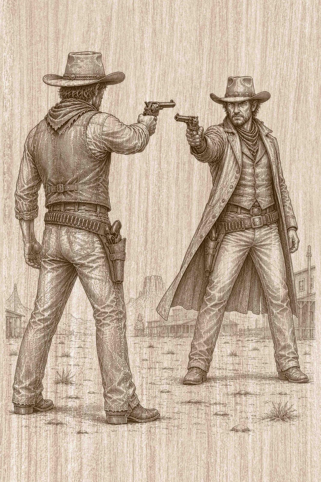 Cowboy Duel Wood Engraving PNG, Wild West Gunslinger Showdown Wall Art ...