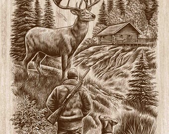 Hunter With Dog Wood Engraving PNG, Deer Hunting Wall Art, Buck Wildlife Cabin Decor, Mountain Lodge Laser Engraving & CNC File