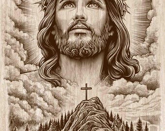 イエス・キリストの山の十字架の木版画PNG、いばらの冠をかぶったキリストの風景、キリスト教の壁掛けアート、信仰と自然のレーザー彫刻＆CNCファイル
