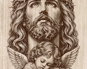 イエス・ケルビムの木版画PNG、いばらの冠をかぶったキリストの天使のアート、キリスト教の宗教的な壁飾り、ヴィンテージ信仰レーザー彫刻＆CNCファイル