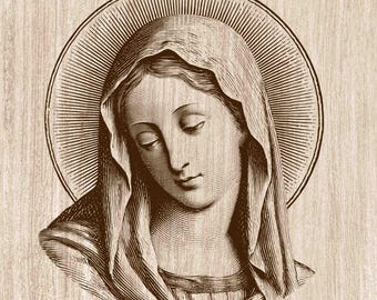 マドンナの肖像画、光輪、木版画PNG、聖母マリアの壁掛けアート、カトリックキリスト教の宗教的レーザー彫刻＆CNCファイル（デジタルダウンロード）