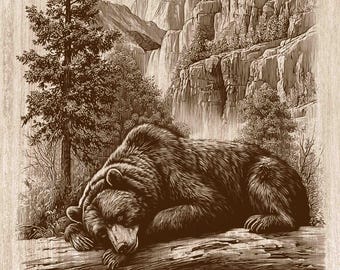 Sleeping Bear Wood Engraving PNG, Grizzly Bear Mountain Waterfall Wall Art, Wildlife Cabin Lodge Decor, Laser Engraving & CNC File