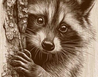 Baby Raccoon Wood Engraving PNG, Cute Raccoon Wall Art, Woodland Animal Cabin Decor, Forest Wildlife Laser Engraving & CNC File