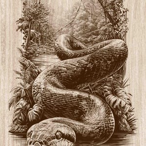 May include: A brown-toned wood engraving featuring a large snake coiled in the foreground. The snake is surrounded by dense tropical foliage, including large leaves and trees, with a river visible in the background of the detailed scene.