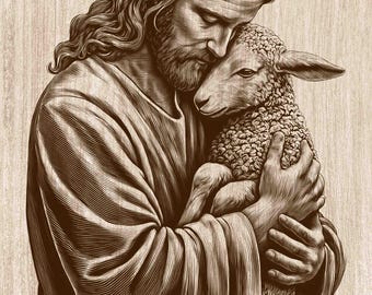 キリストが子羊を抱いている木版画 PNG、イエス・キリスト良き羊飼いの壁掛けアート、キリスト教信仰の宗教的レーザー彫刻＆CNCファイル