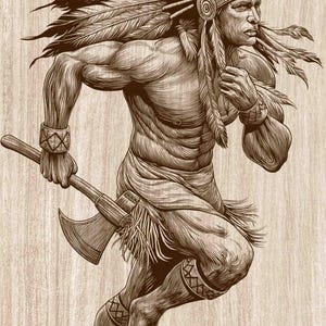 Native American Warrior Wood Engraving PNG, Tribal Indian Chief with Axe Vintage Wall Art, Rustic Cultural Laser Engraving & CNC File