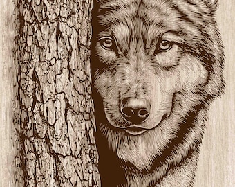 Wolf Behind Tree Wood Engraving PNG, Wolf Wall Art, Forest Wildlife Cabin Decor, Rustic Wolf Laser Engraving & CNC File (Digital Download)