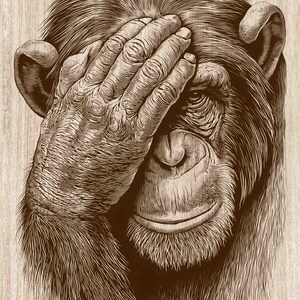 Chimpanzee Wood Engraving PNG, See No Evil Monkey Wall Art, Funny Ape Decor, Wildlife Laser Engraving & CNC File, Woodcut Animal (Download)